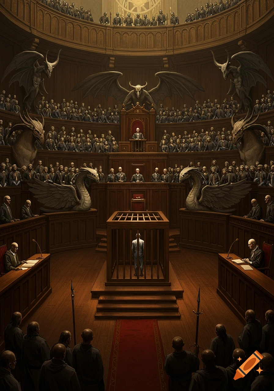 A grand, dark courtroom in classical oil painting style, with a defendant in a cage, many spectators, and monstrous winged statues.