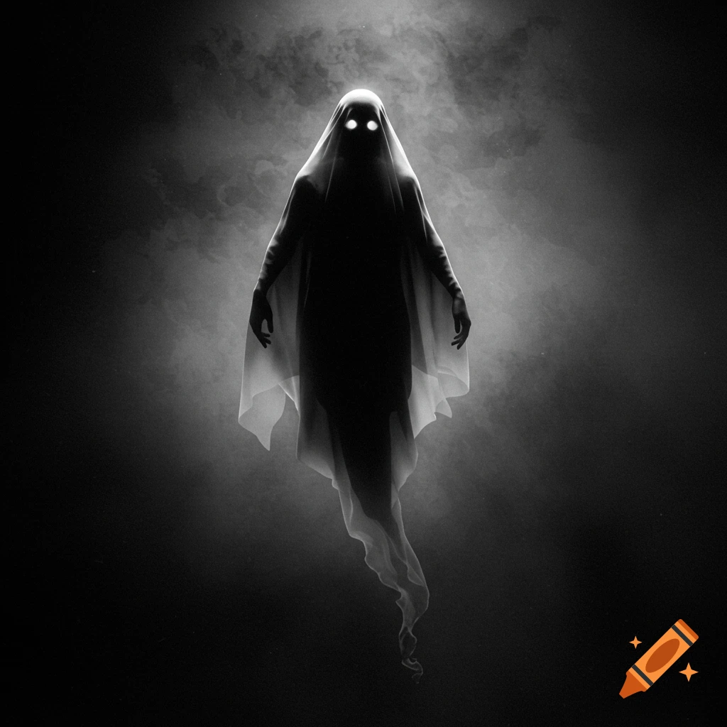 A ghostly figure shrouded in white fabric with glowing eyes against a dark, smoky background, in black and white.