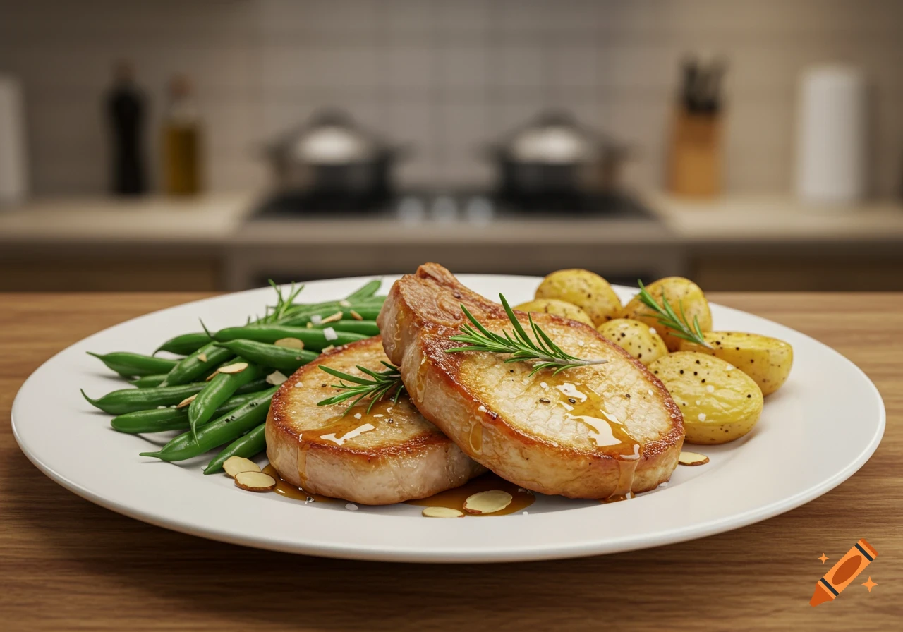 Two photorealistic pork chops with green beans and roasted potatoes on a white plate in a kitchen setting.