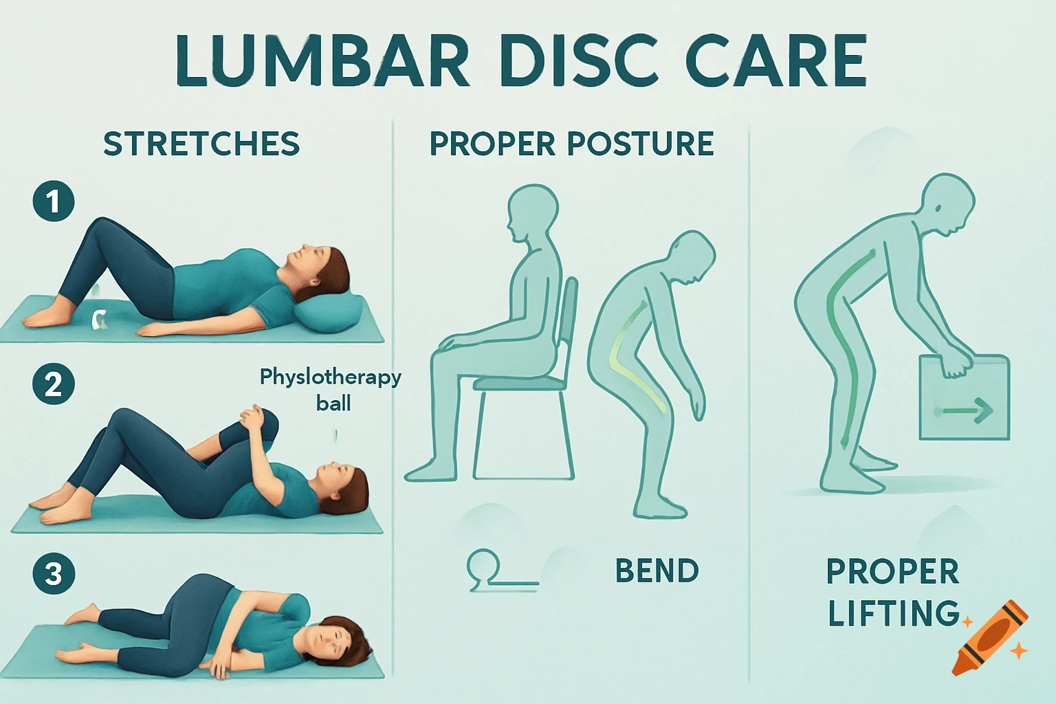 Infographic on lumbar disc care, showing three stretching exercises, proper sitting and bending posture, and correct lifting technique.