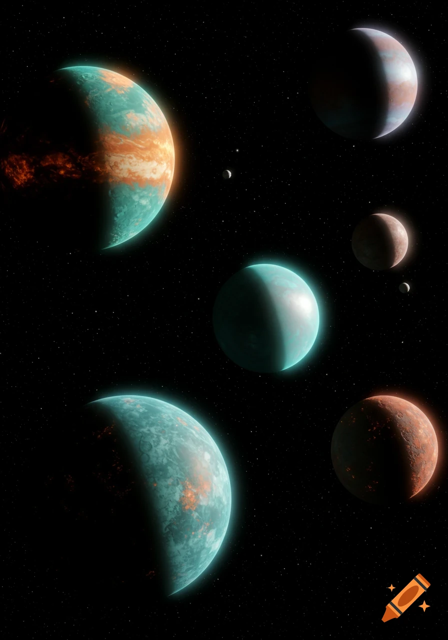 Multiple colorful planets and moons of different sizes in a dark, starry cosmic sky.