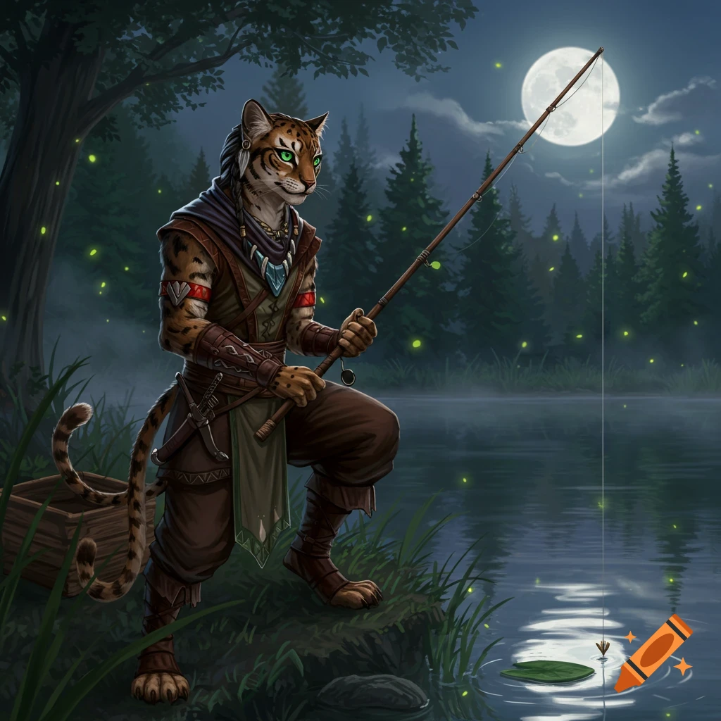 A cat-like Khajiit character fishing by a moonlit lake at night, surrounded by glowing fireflies.