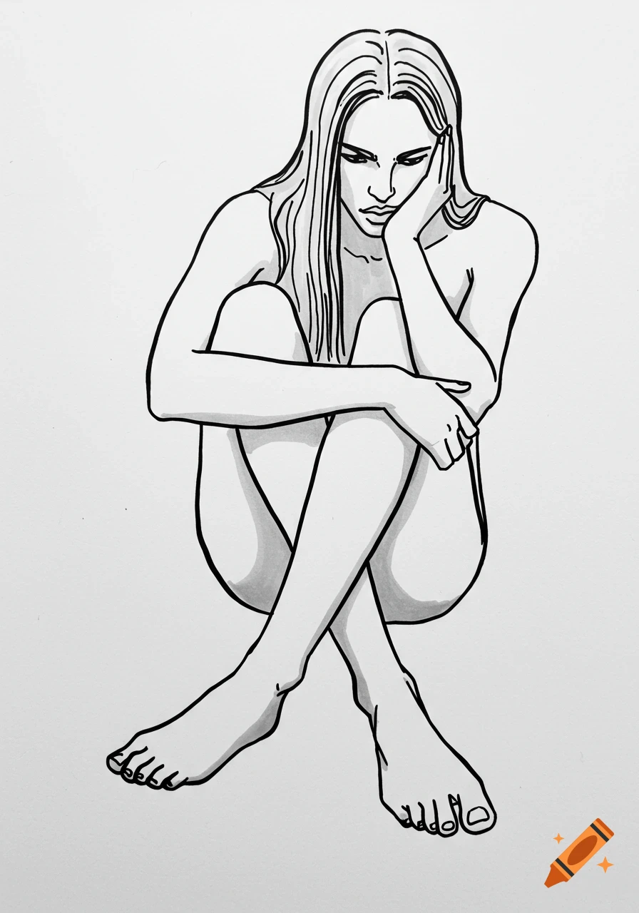 A minimalist black-and-white line drawing of a nude figure with long hair, curled up with knees to chest, head resting on hand.