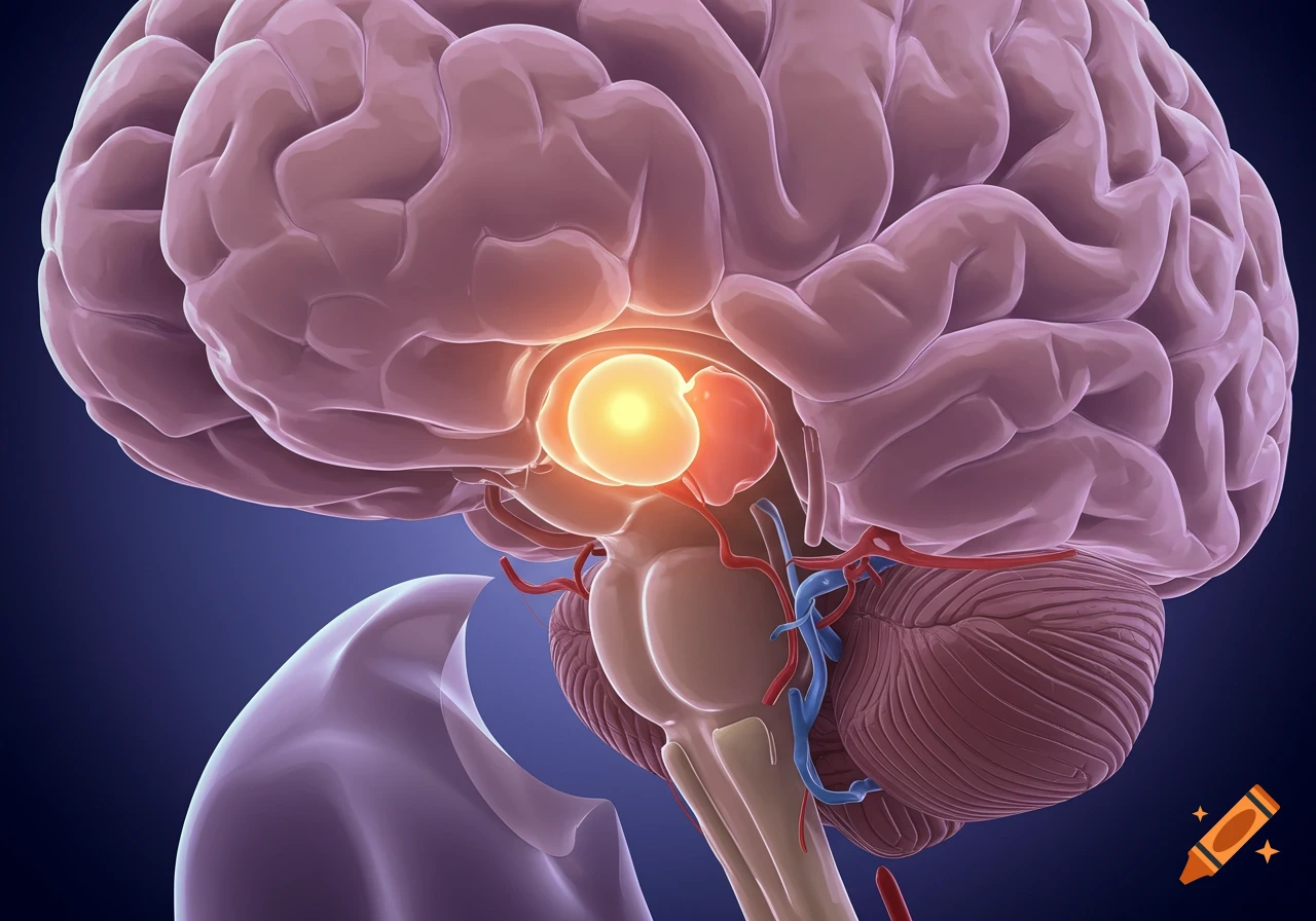 A detailed medical illustration of the human brain, viewed from the side, with the pituitary gland glowing yellow within it.