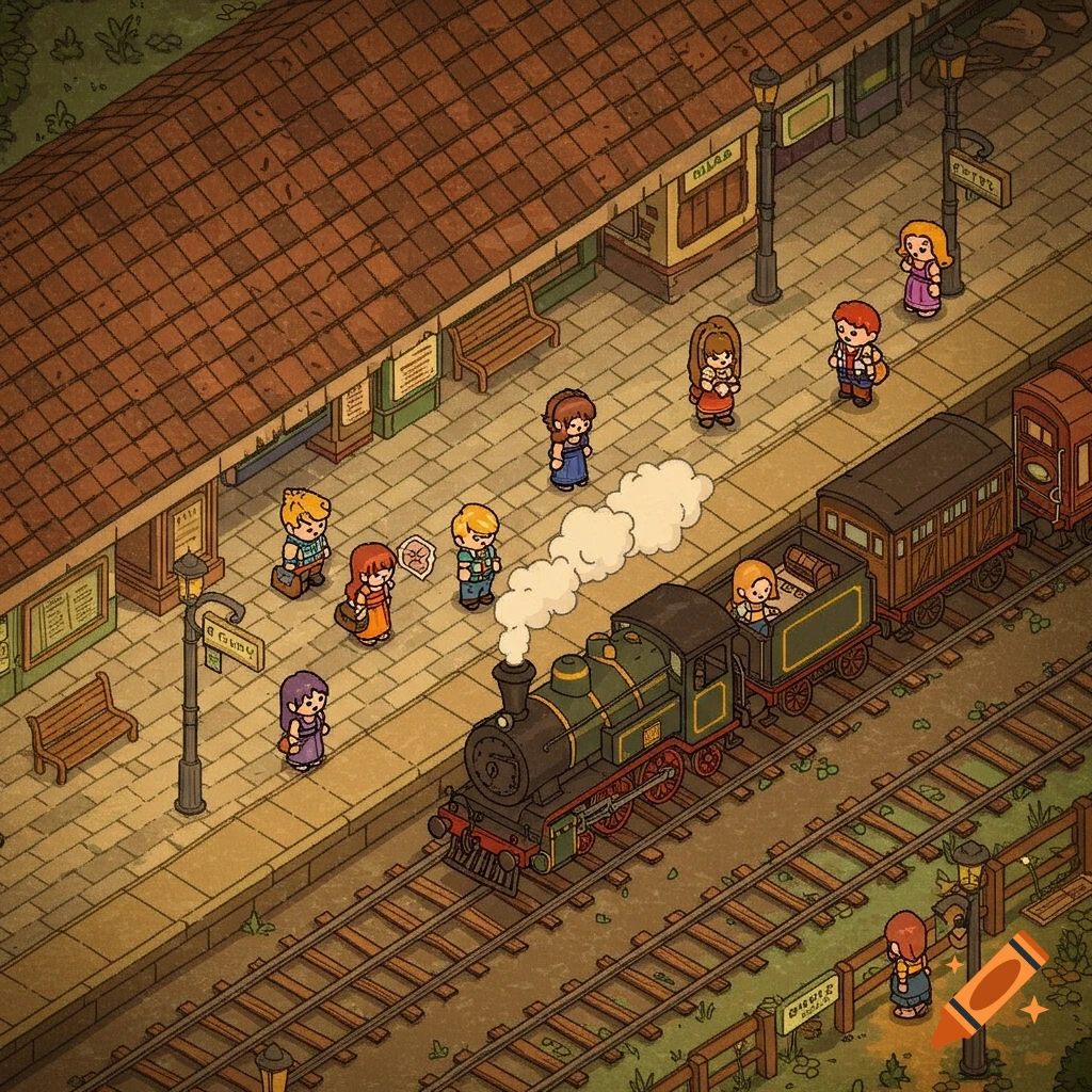 Retro RPG isometric pixel art of a train station, with a train at the platform and many characters waiting.