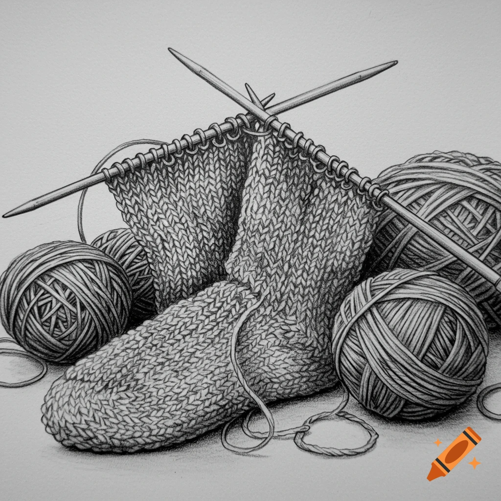 A detailed black and white drawing of knitting needles, several balls of yarn, and a partially finished knitted sock.