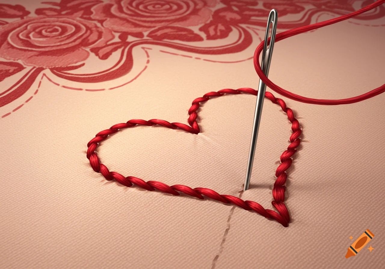 A close-up of a needle with red thread sewing a red heart onto light pink fabric with a subtle floral pattern.