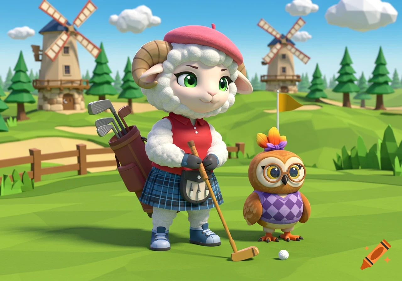 A cartoon chibi lamb in golf attire holds a putter next to a small owl with glasses on a low-poly golf course with windmills.