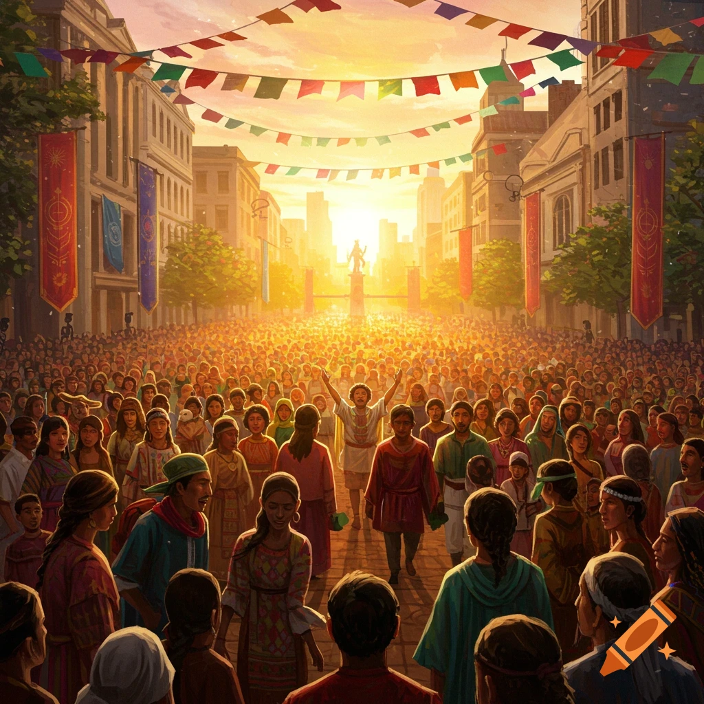 A vibrant, sunlit street filled with a diverse crowd celebrating, with banners overhead and a statue in the distance.
