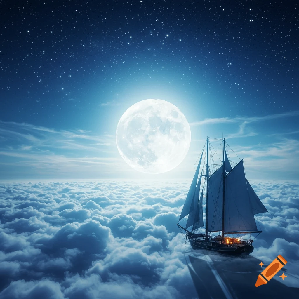 A sailboat on a sea of clouds under a full moon and starry night sky in a fantasy style.