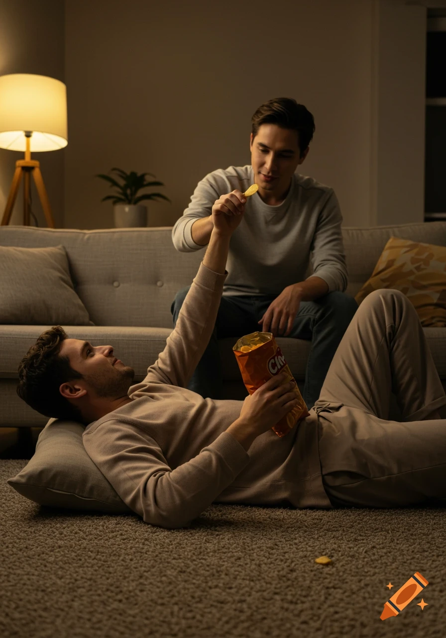 Two men relaxing in a cozy living room, one on the floor eating chips, the other on the sofa offering a chip.