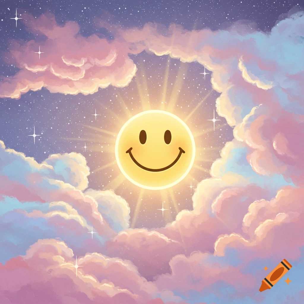 A bright yellow smiley face sun radiating light amidst pink and blue clouds and twinkling stars in a purple sky.