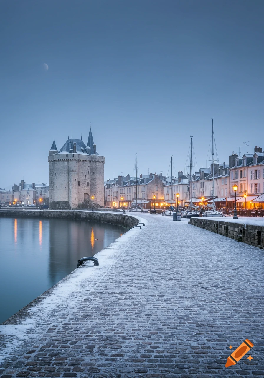 Snow-covered cobblestone pier curves along a calm harbor with a medieval tower, lit buildings, and sailboats under a pale winter sky.