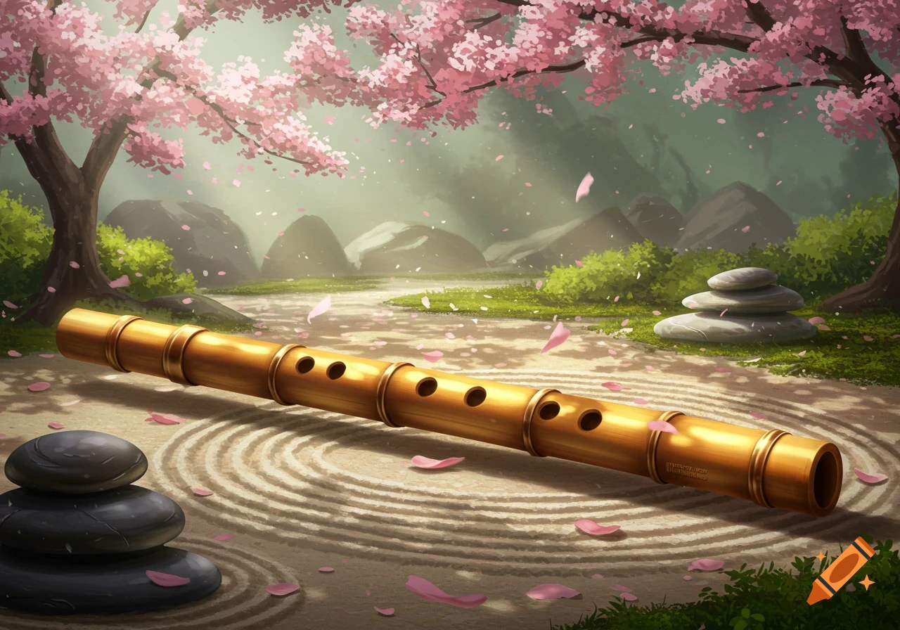 A golden shakuhachi flute lies on raked sand in a cherry blossom-filled zen garden with stacked stones, in an illustrative style.
