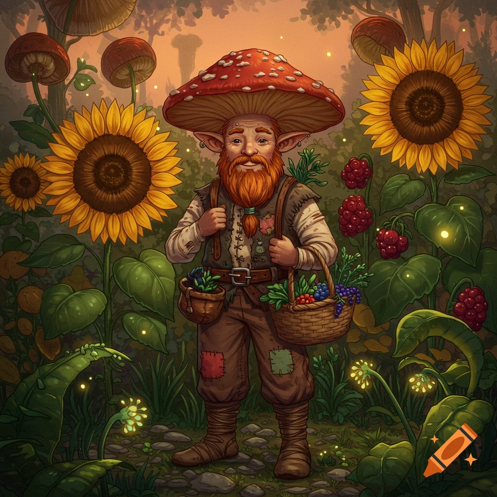 A red-bearded gnome with a mushroom hat carries baskets of berries and herbs, surrounded by sunflowers and glowing plants in a fantasy forest.