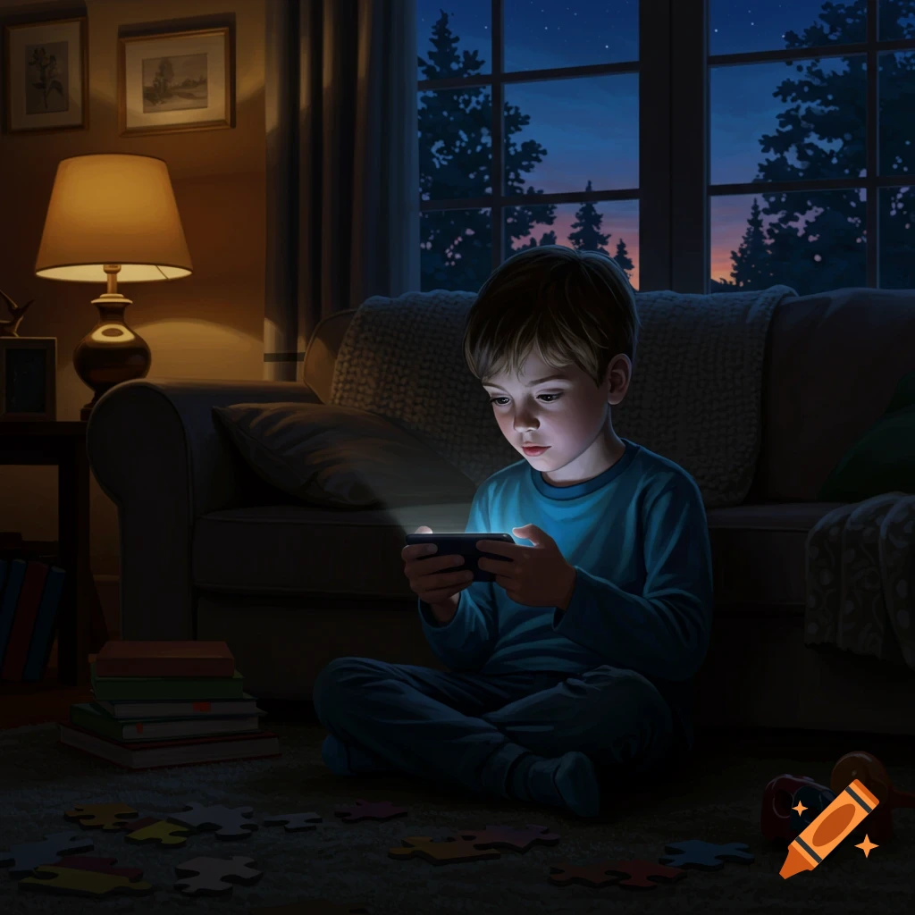 A young boy sits on the floor in a dimly lit room at night, engrossed in his glowing smartphone. An illustration.
