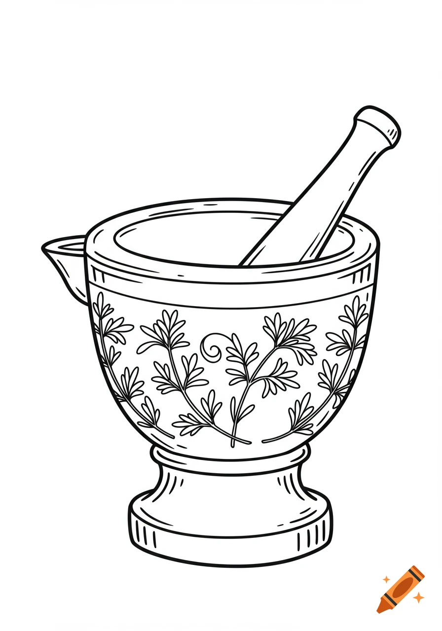 Black and white line art illustration of a mortar and pestle decorated with herbal leaf patterns, in a coloring book style.