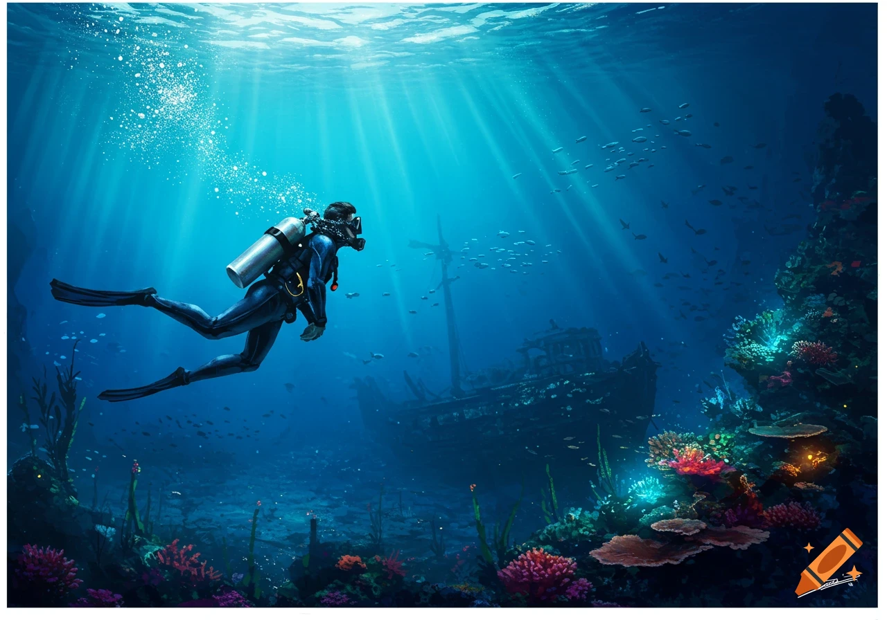 A digital illustration of a scuba diver exploring a sunken ship and vibrant coral in clear blue ocean water with sunbeams.