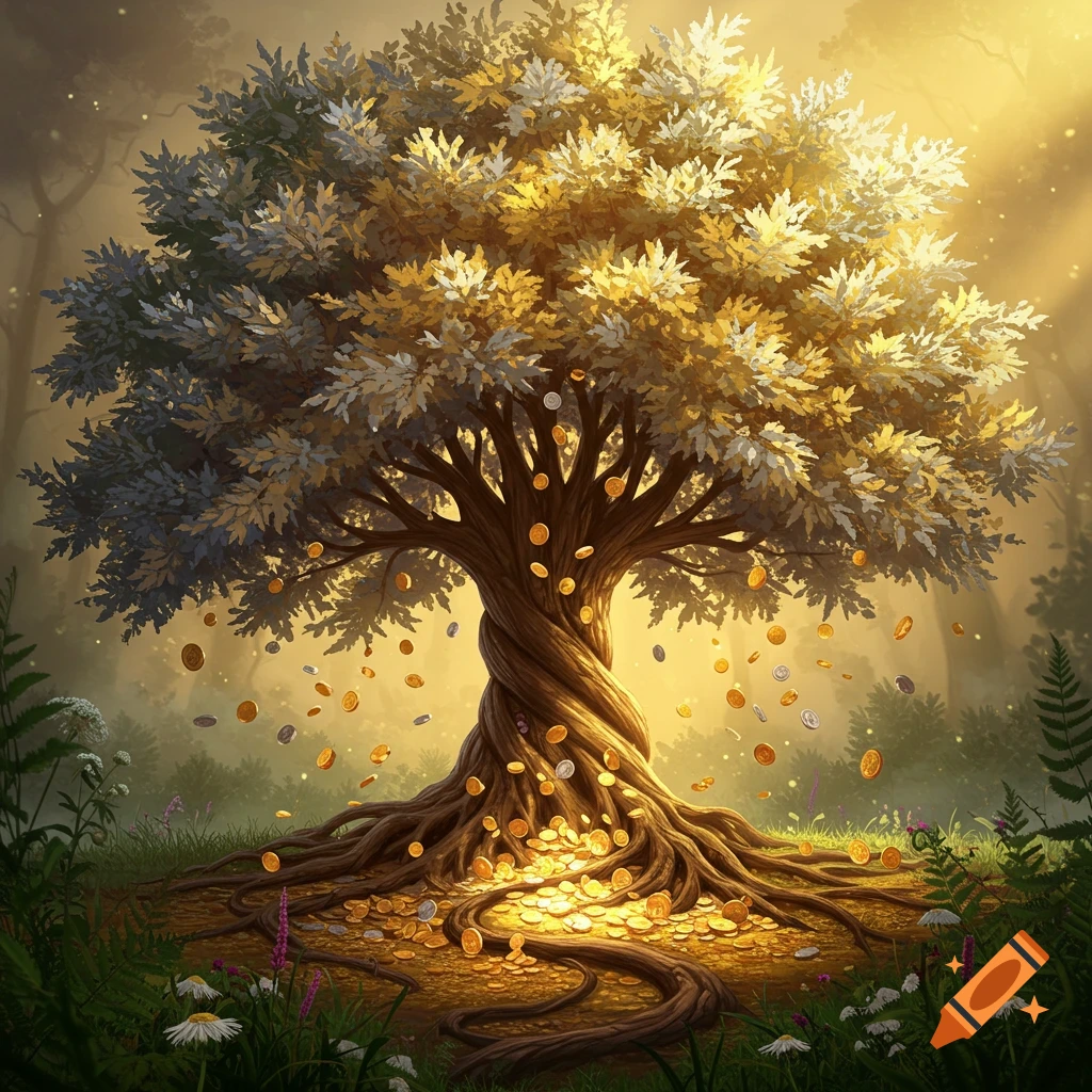 A vibrant fantasy 'Tree of Life' with a twisted trunk, golden leaves, and coins falling into a pile at its roots, set in a glowing forest.