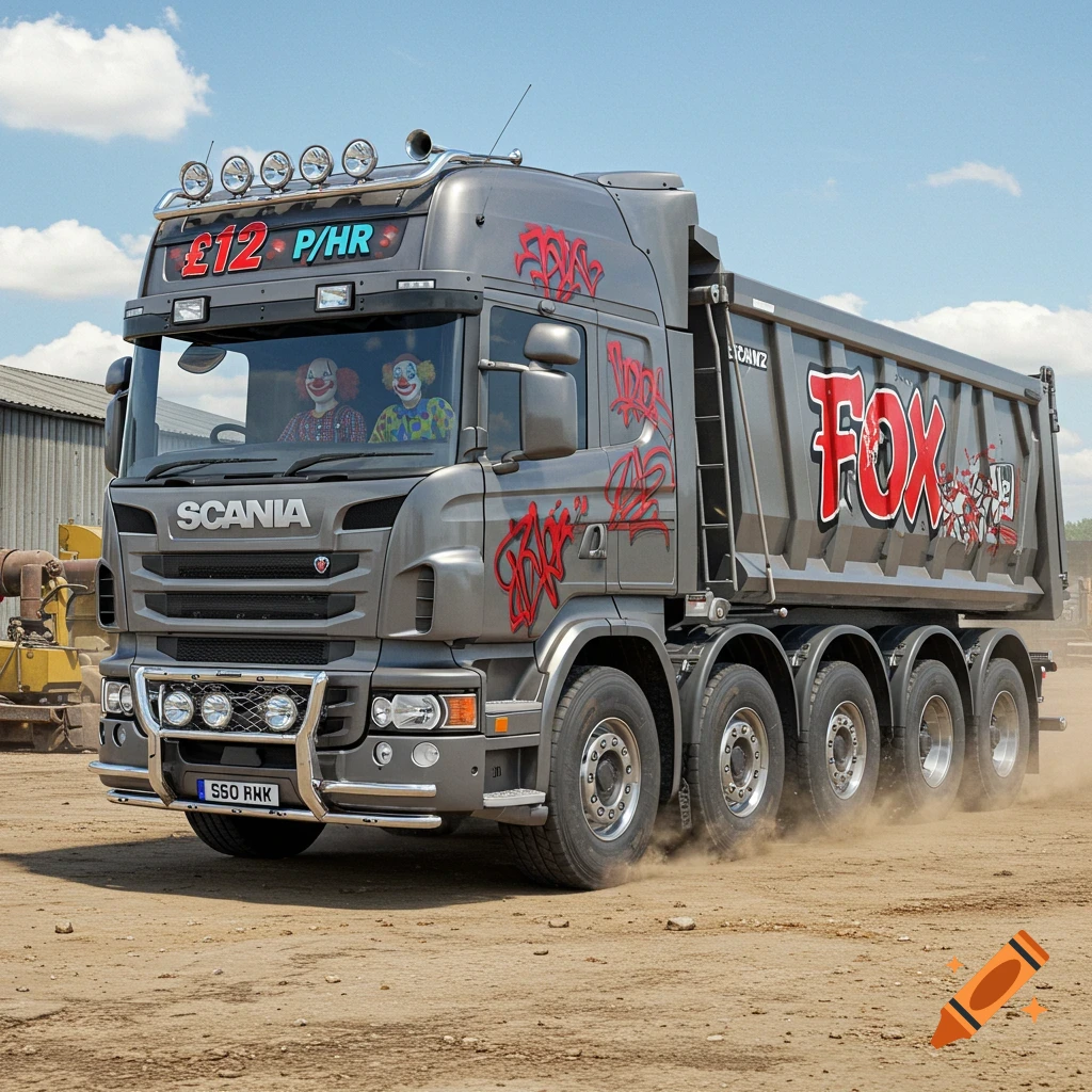 A grey Scania tipper truck with red 'FOX' text and graffiti drives on a dirt road, with two clowns visible in the cab.