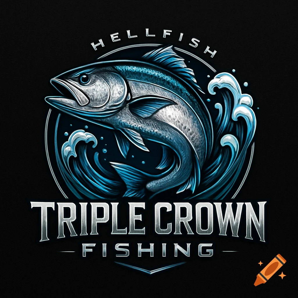 A stylized logo featuring a large silver fish jumping from blue waves, with text 'HELLFISH' and 'TRIPLE CROWN FISHING' on a black background.