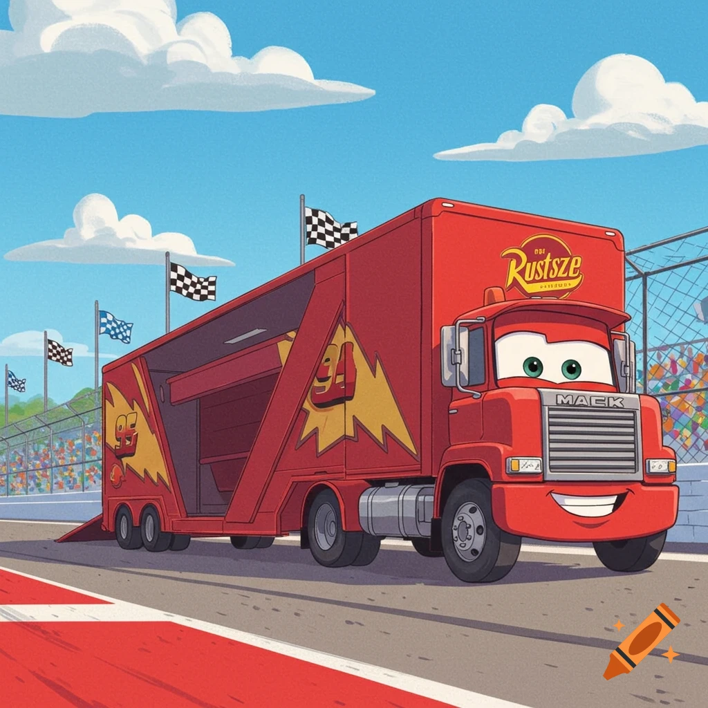 Red cartoon Mack truck with a smiling face on a race track, its car hauler open and ramp down, under a blue sky with clouds and checkered flags.