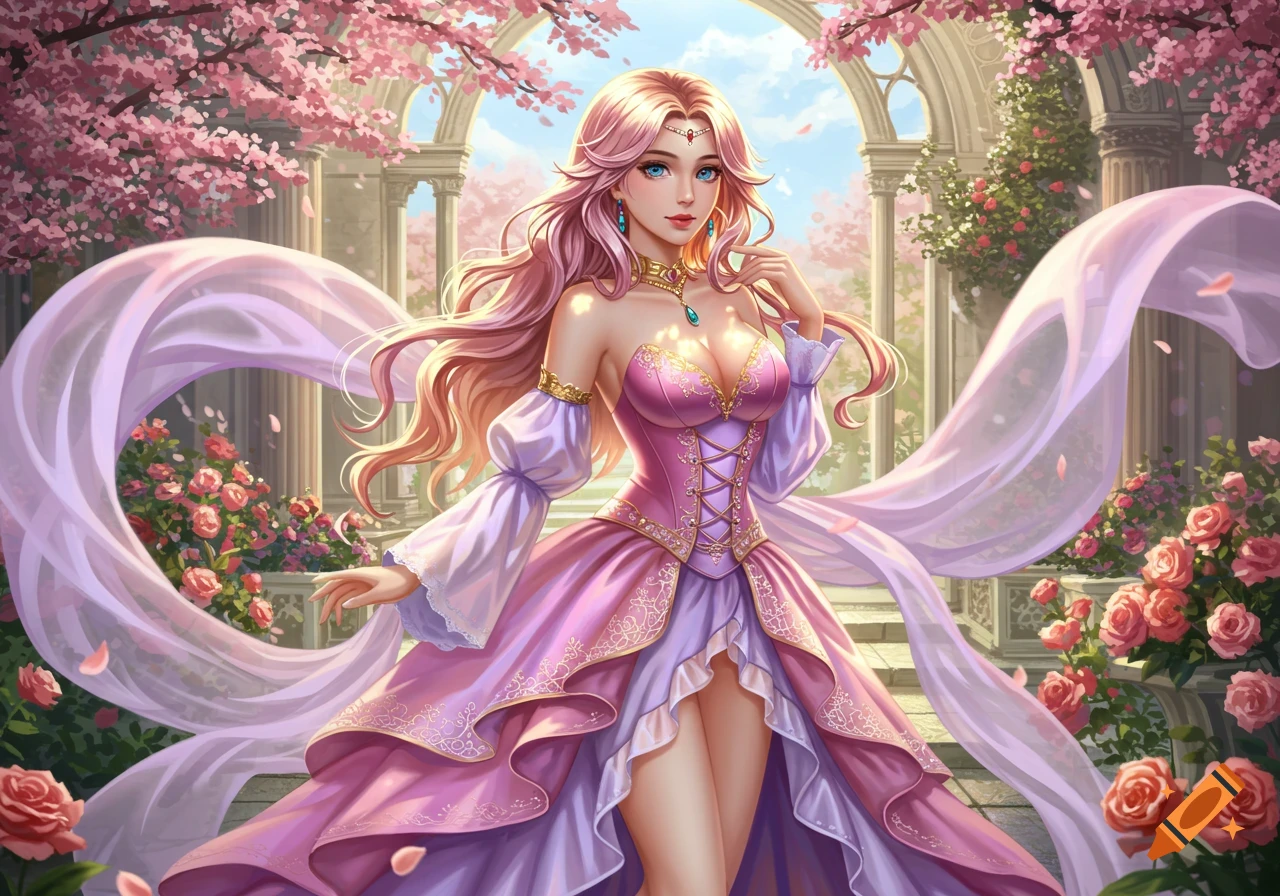 Anime princess with long pink hair and blue eyes in a flowing pink and purple dress, standing in a cherry blossom garden with classical architecture.