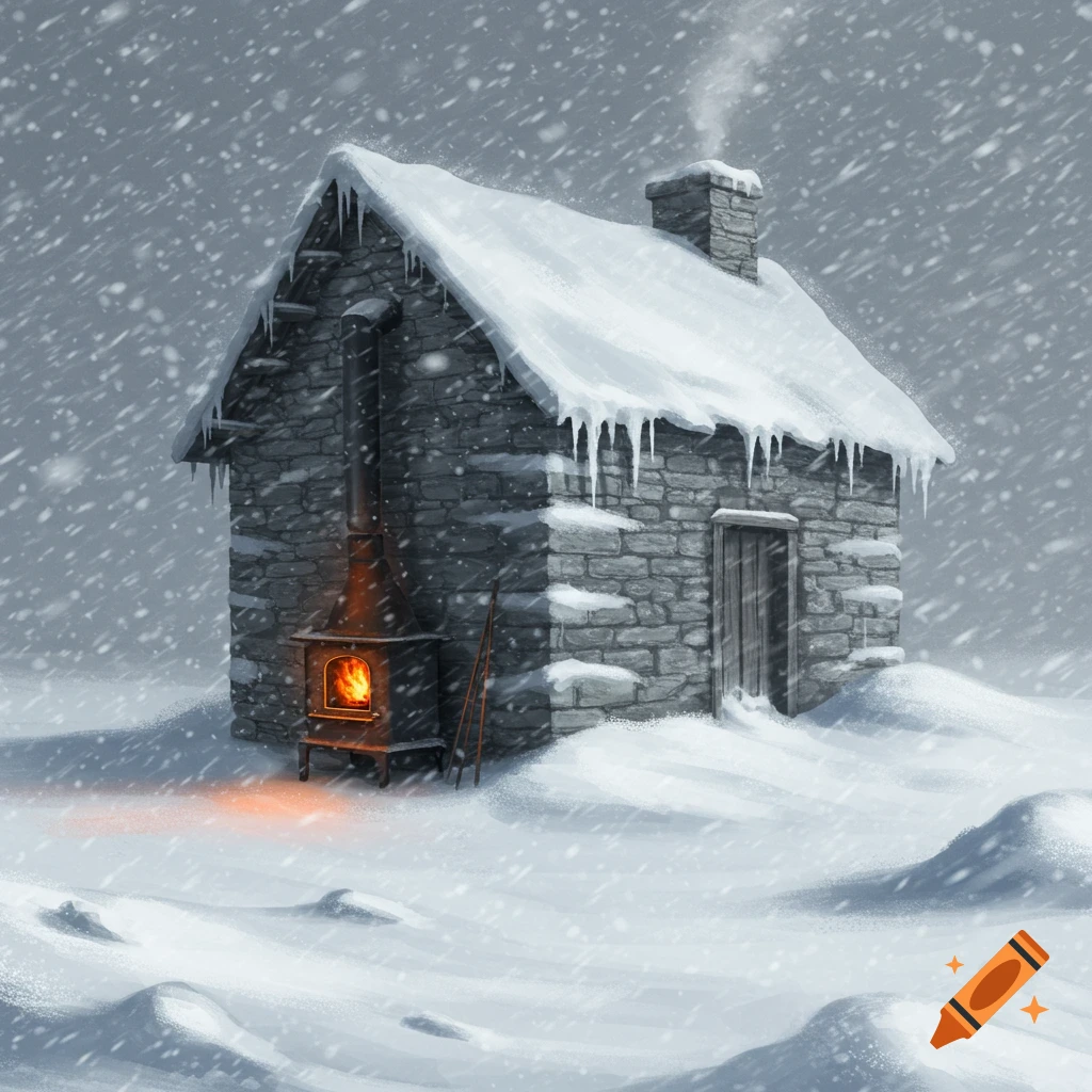 An illustrated stone cabin with snow on the roof and icicles stands in a heavy snowstorm, a wood stove glowing warmly outside.