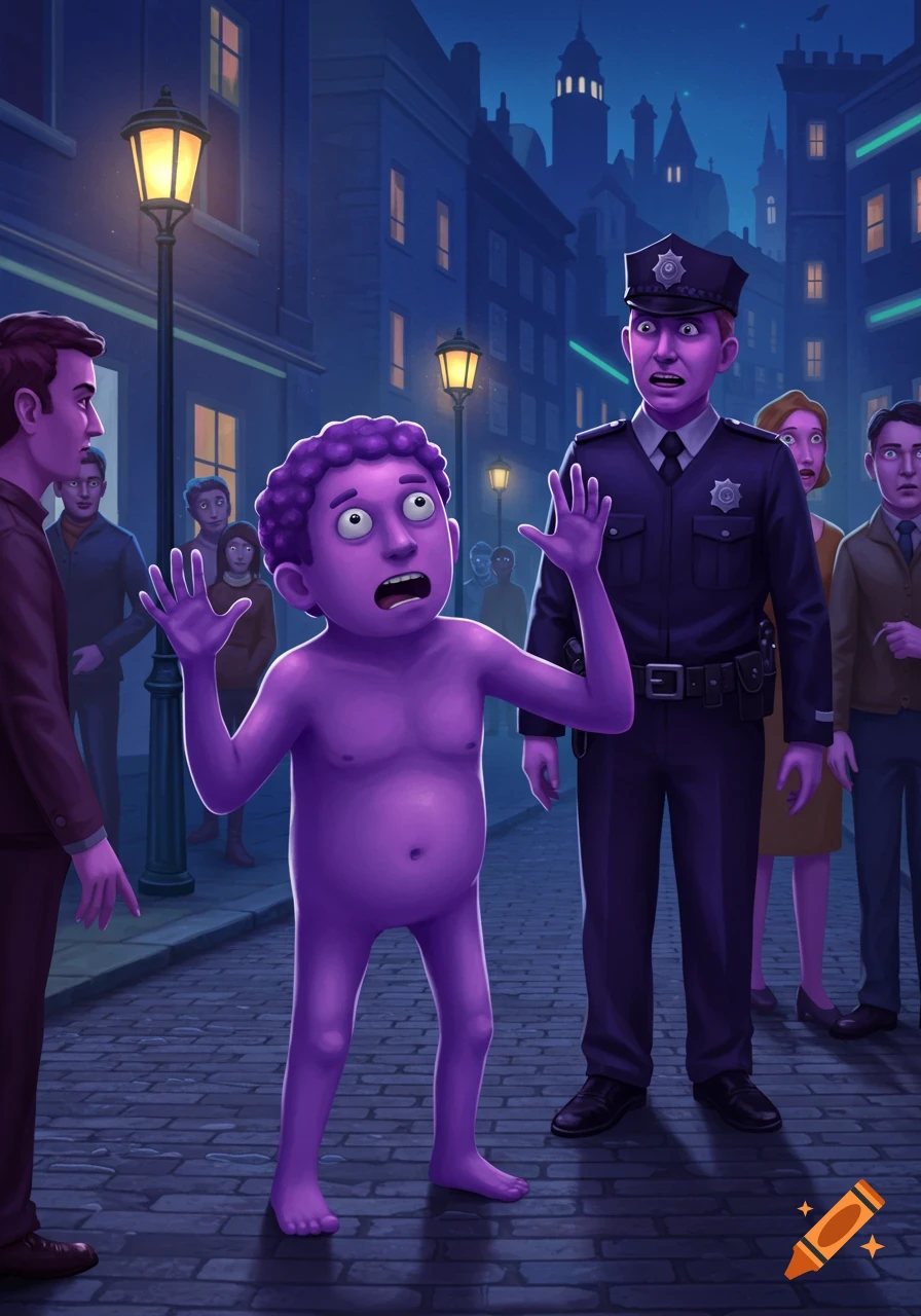 A purple, nude cartoon man with wide eyes raises his hands as a police officer and others confront him on a dark city street.