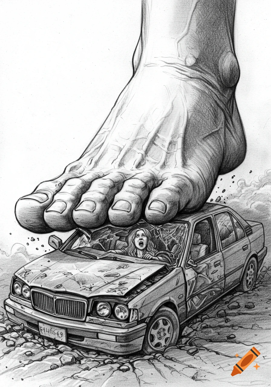 A detailed pencil sketch of a giant foot crushing a small car with a terrified woman inside, amidst debris.