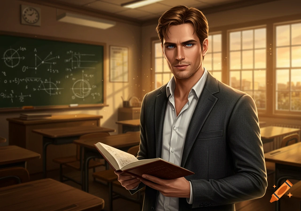 A photorealistic depiction of an attractive male teacher with blue eyes holding an open book in a sunlit classroom.