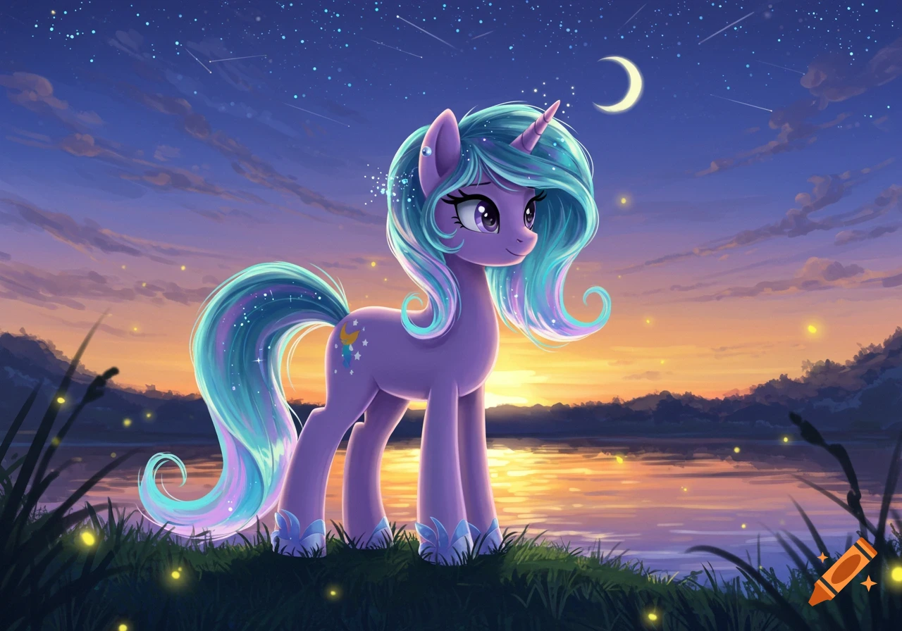 A purple unicorn with a flowing teal and purple mane stands on a grassy hill overlooking a lake at sunset, with a crescent moon and stars.