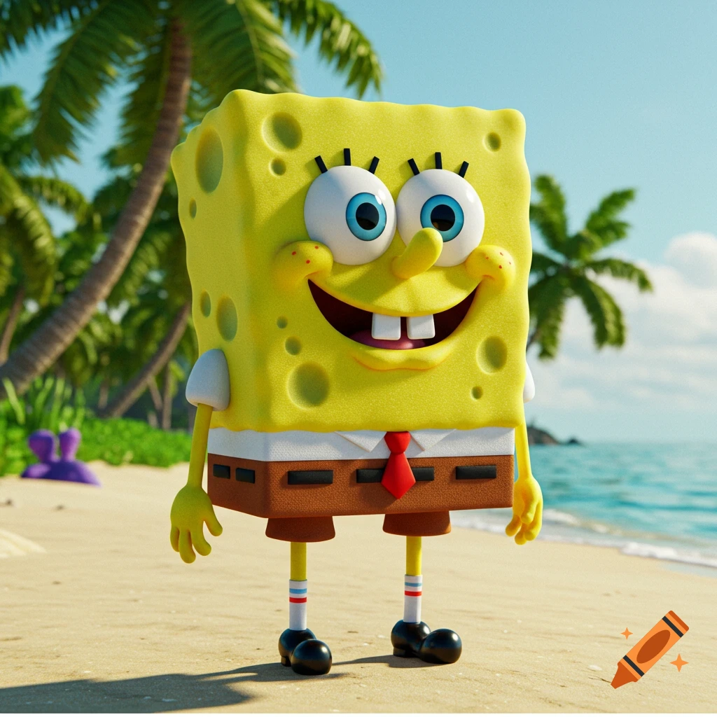 A 3D rendered SpongeBob SquarePants stands smiling on a sandy beach with palm trees and blue ocean in the background.