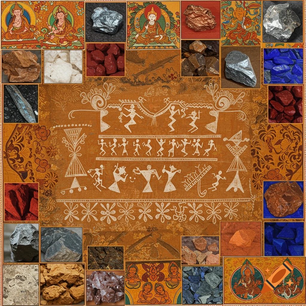 Vibrant educational collage featuring traditional Indian art styles like Warli and Thangka, with various minerals.