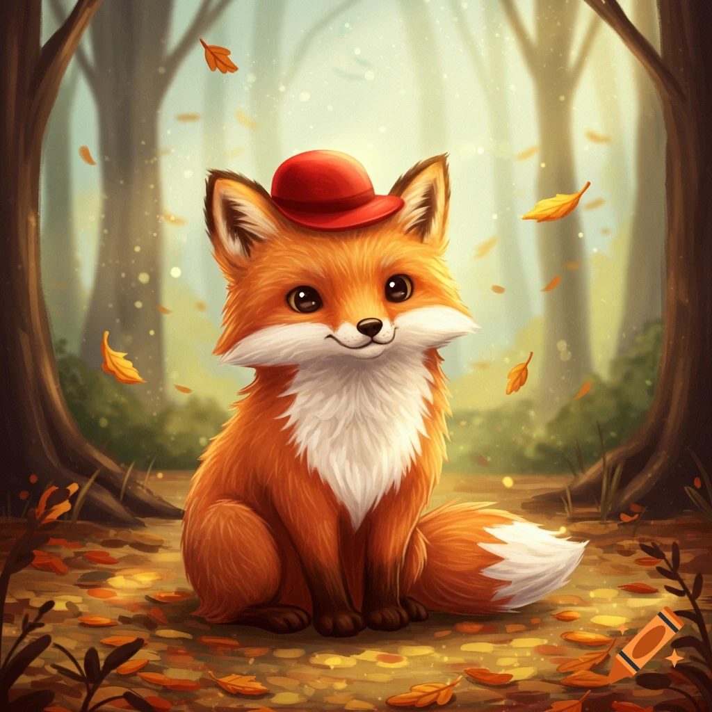 A cute, cartoon-style orange fox wearing a red hat, sitting in an autumn forest with falling leaves.