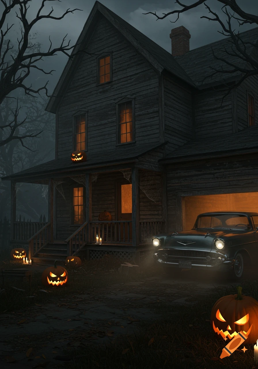 A spooky old house at night, decorated for Halloween with glowing jack-o'-lanterns and a classic car in the illuminated garage.