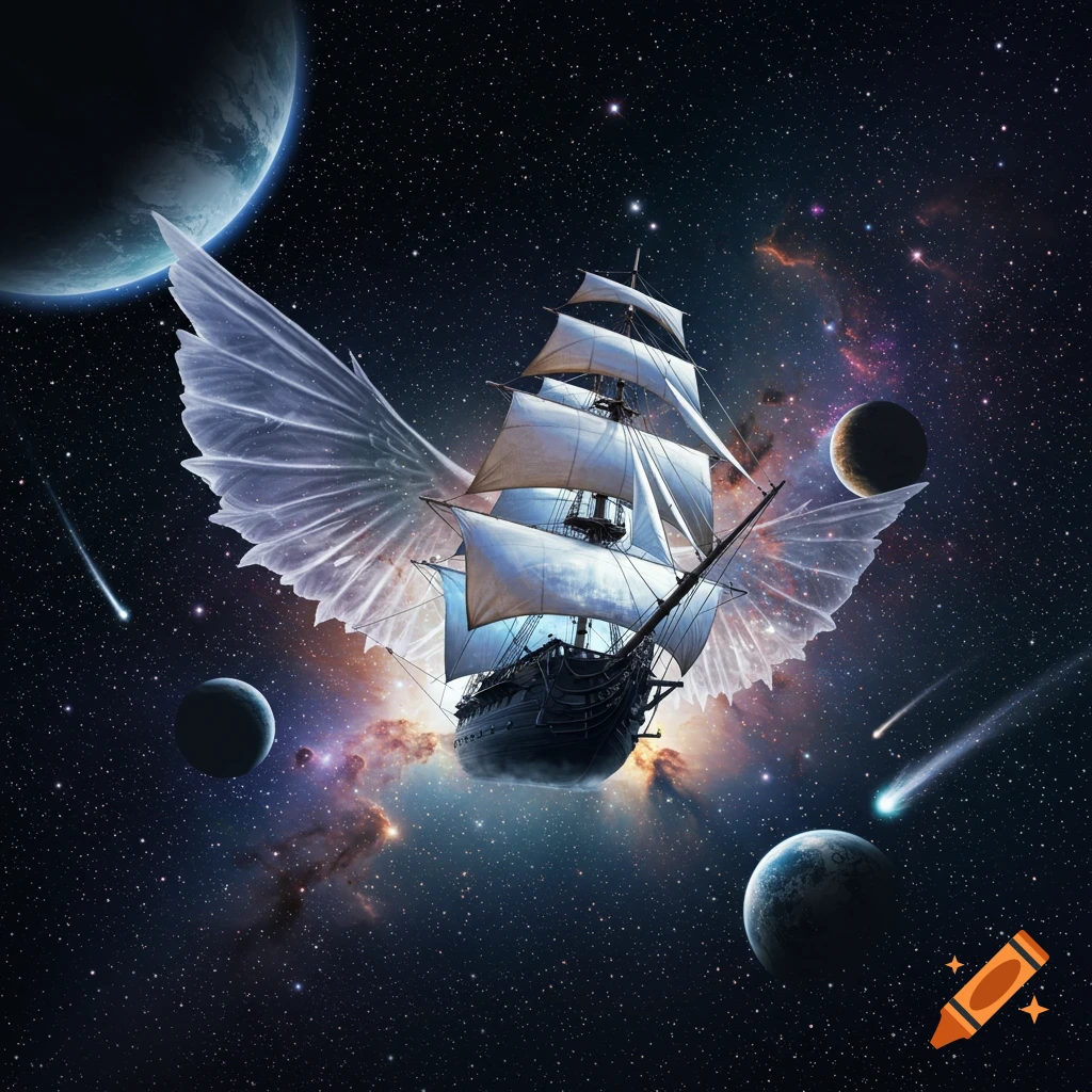 A majestic winged sailing ship soars through a vibrant, star-filled cosmic sky with planets, nebulae, and comets.
