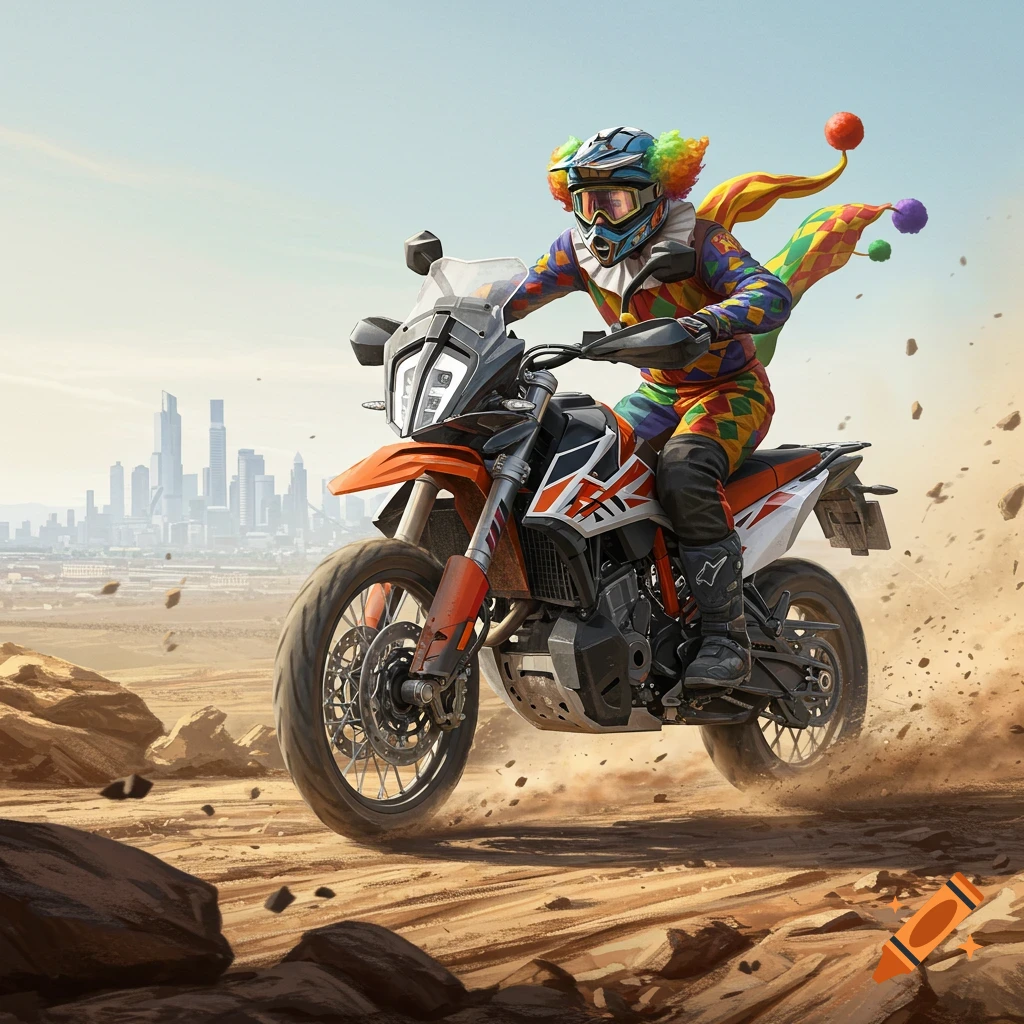 A clown in a colorful suit and helmet rides an orange and black dirt bike through a rocky desert with a city skyline in the background, kicking up dust.