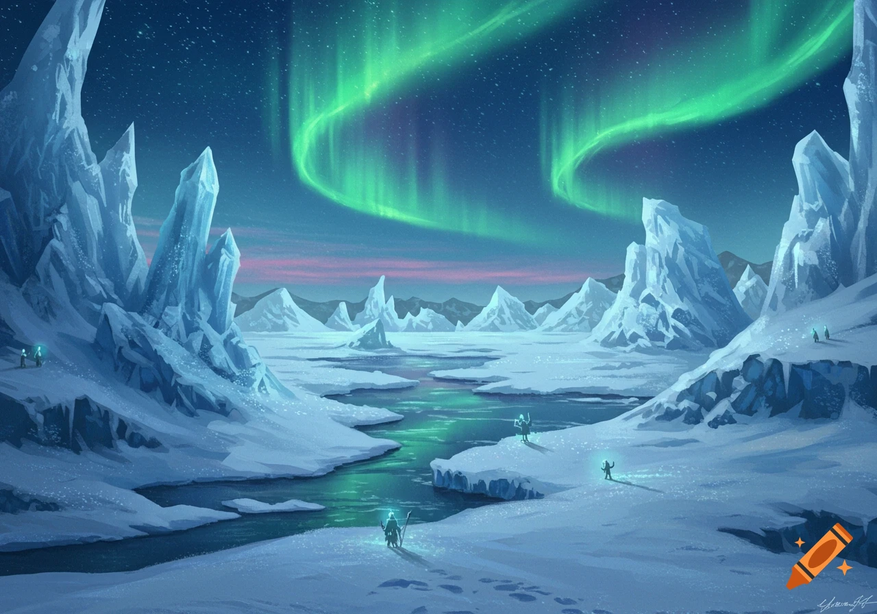 Fantasy art of a vibrant green aurora borealis over a frozen arctic landscape with sharp blue ice peaks and small glowing figures.