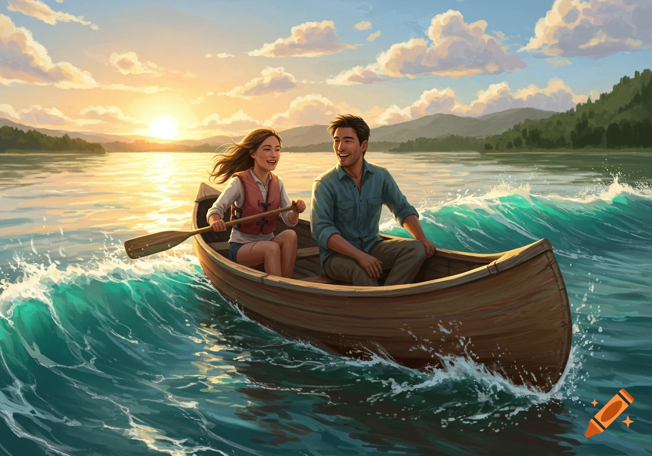An illustrated smiling couple paddle a canoe on a wavy lake under a golden sunset, with forested mountains.
