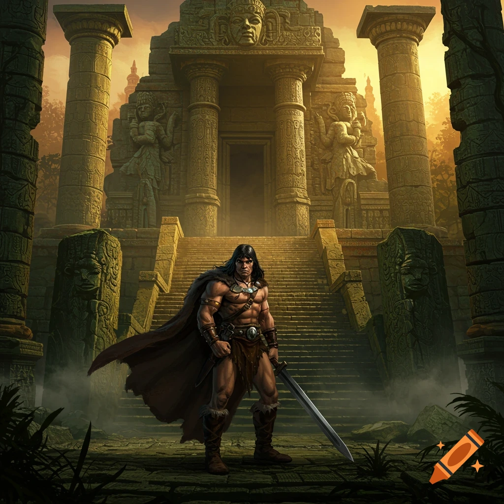A muscular barbarian in a loincloth and cape stands with a sword before a grand, ancient temple at sunset.