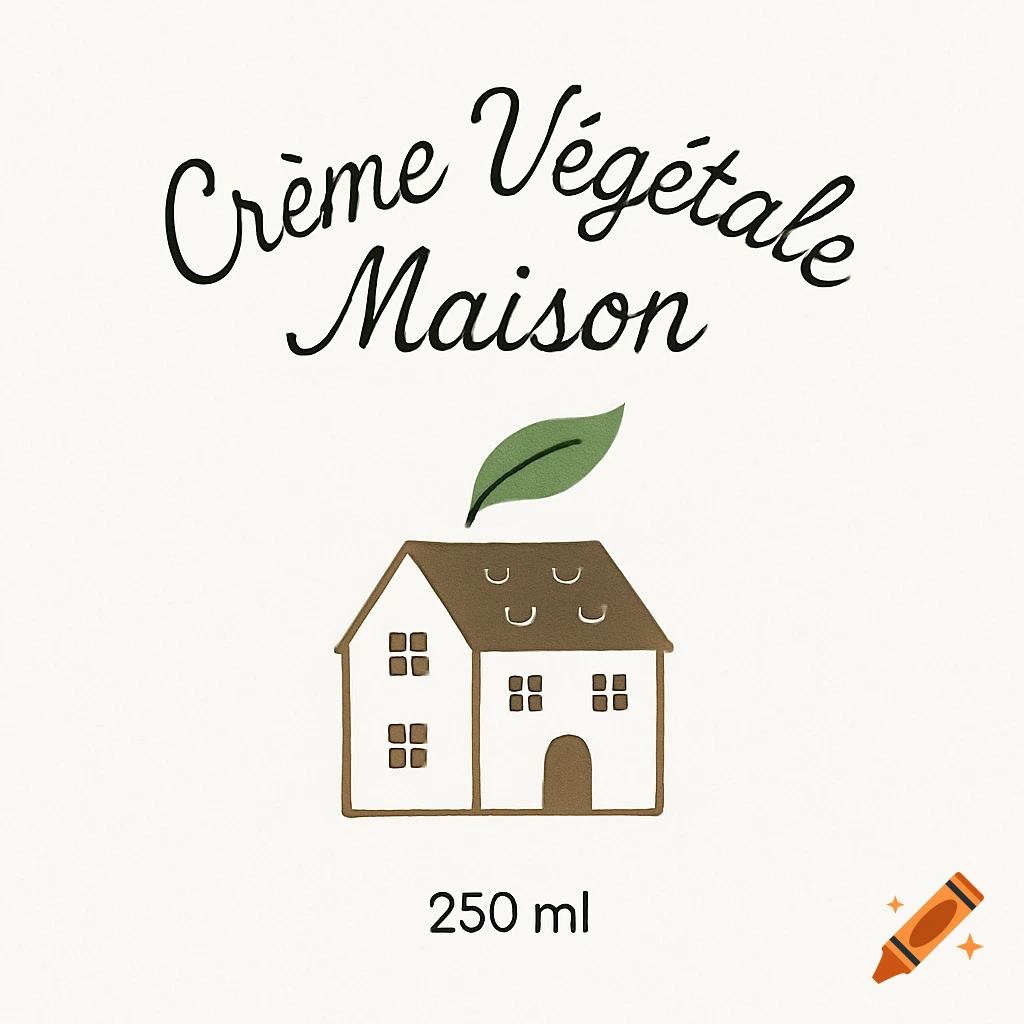 Minimalist illustration of a house with a leaf, text 'Cr me V eg etale Maison' and '250 ml' on a white background.