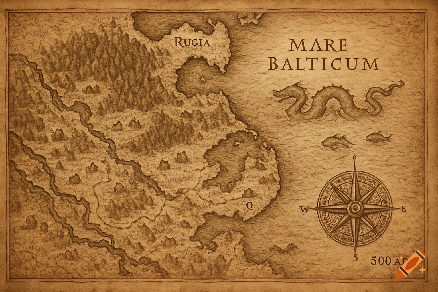 An old, sepia-toned map depicting the Baltic Sea coast and surrounding land in 500 AD, complete with a sea monster, fish, and a compass rose.
