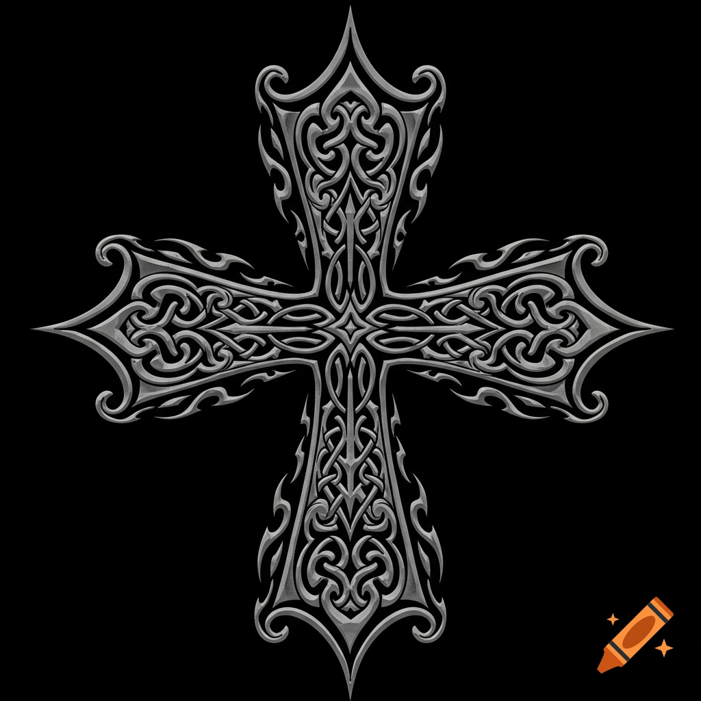 A detailed monotone Celtic Maltese cross with tribal flame-like elements on a black background.