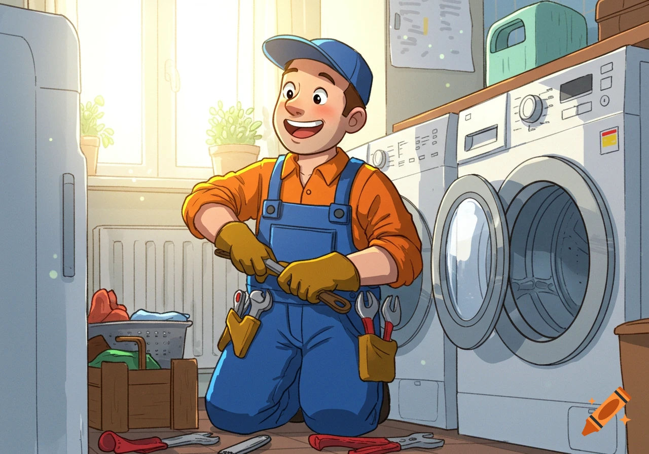 A smiling cartoon handyman in blue overalls and a cap, kneeling with tools, fixing a washing machine in a sunlit room.