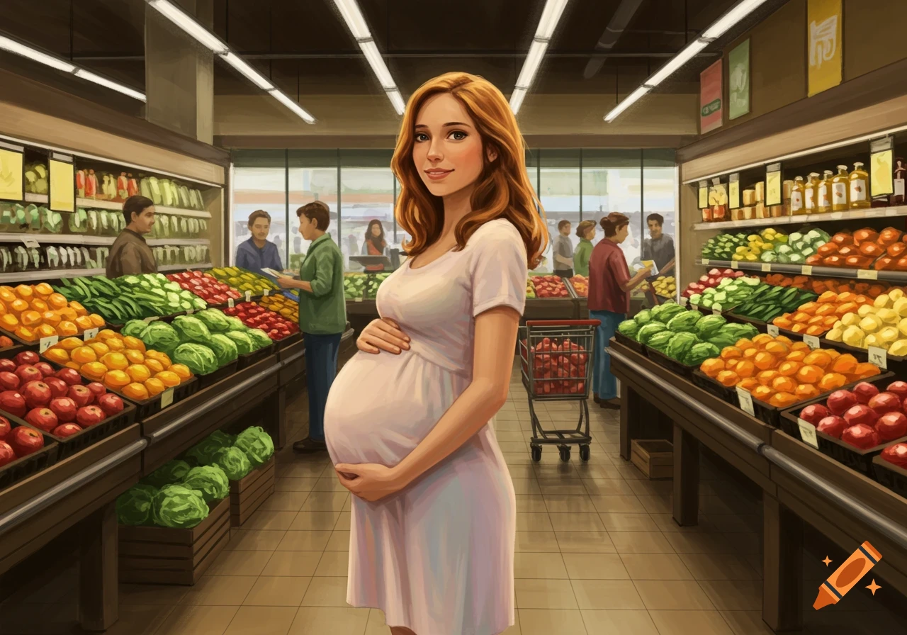 An illustration of a pregnant woman with long red hair smiling and holding her belly in a grocery store produce aisle.