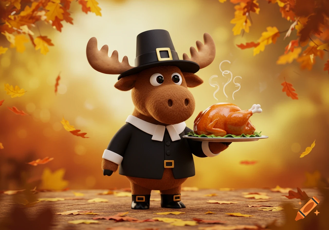 Cute 3D cartoon moose in a pilgrim costume holds a steaming roasted turkey against an autumn background.