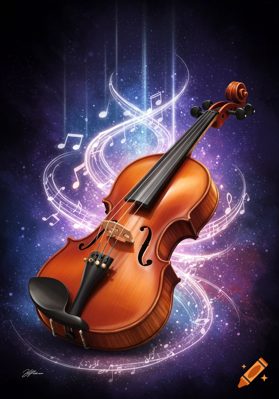 A wooden violin on a magical, starry purple and blue background with glowing musical notes and light streaks.