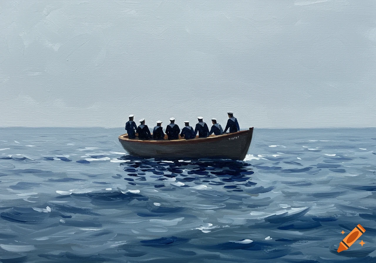 A painting of a small boat with several sailors on a grey-blue sea under a light sky.