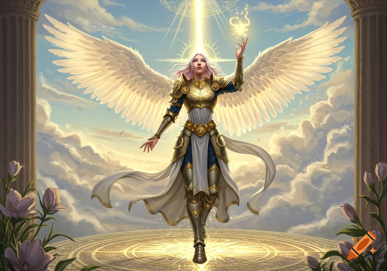 An angelic warrior in golden armor with large white wings stands on a glowing platform, bathed in divine light amidst clouds.